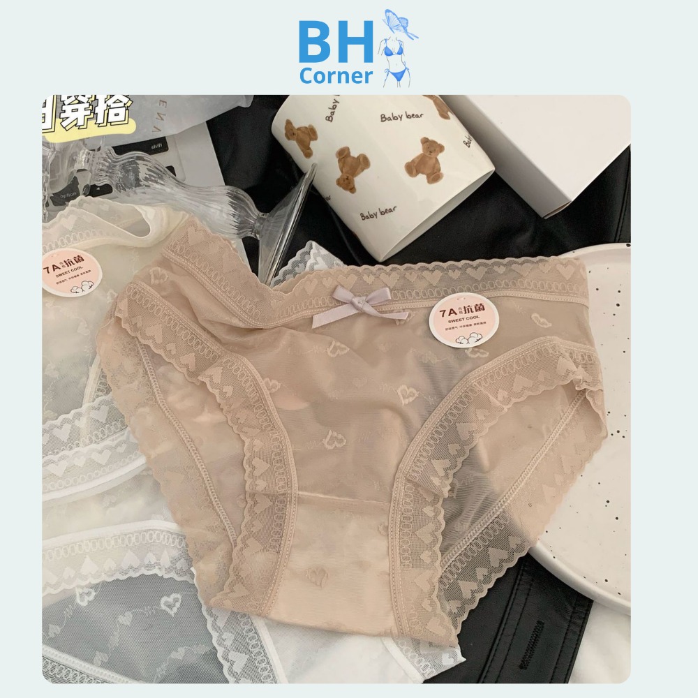 Quần lót lụa lưới, ren tim đáy cotton kháng khuẩn